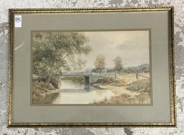 William B. Gillette (1864 - 1937) watercolor landscape with creek in front and farm in background,: William B. Gillette (1864 - 1937) watercolor landscape with creek in front and farm in background, signed lower left, fine estate condition, nicely framed and matted, watercolor measures 12" x