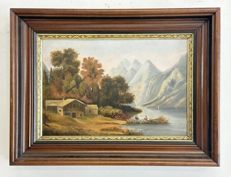 19th c o/b landscape, unsigned, with (2) men in a boat at shore, sailboats on river, mountains in: 19th c o/b landscape, unsigned, with (2) men in a boat at shore, sailboats on river, mountains in the background & house and outbuildings on the left. In nice walnut Victorian frame. Painting