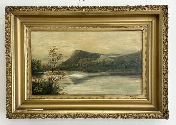 19th c o/c landscape unsigned, in frame of the period, nice overall condition, from Albany, N.Y.: 19th c o/c landscape unsigned, in frame of the period, nice overall condition, from Albany, N.Y. estate, some illegible writing on the back. Painting measures 10" x 17.5", the frame measures 16" x