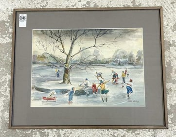 Alice Whitson w/color landscape with people ice skating, signed lower right, dated 1954. In fine