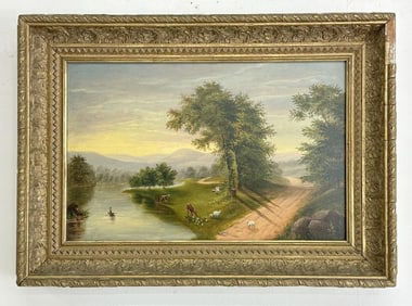 19th c o/b landscape with cattle grazing, man in boat on river and sheep on path and maountains in