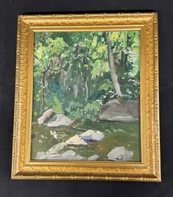 Henry James Albright (1887 - 1951) impressionist o/b landscape, with estate stamp on back, in nice