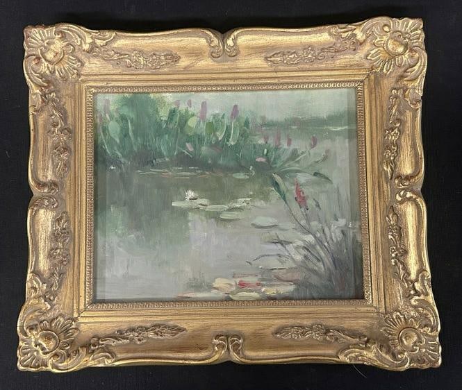 Harry Lang Barton (1908 - 2001) impressionist o/b landscape with lilly pads on pond, has Estate: Harry Lang Barton (1908 - 2001) impressionist o/b landscape with lilly pads on pond, has Estate Stamp on back, from Albany, N.Y. estate. In fine condition, in nice contemporary frame, painting