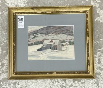 Lee Winslow Court (1903 - 1992) w/color-gouache Winter landscape with farmhouse & barns, described &