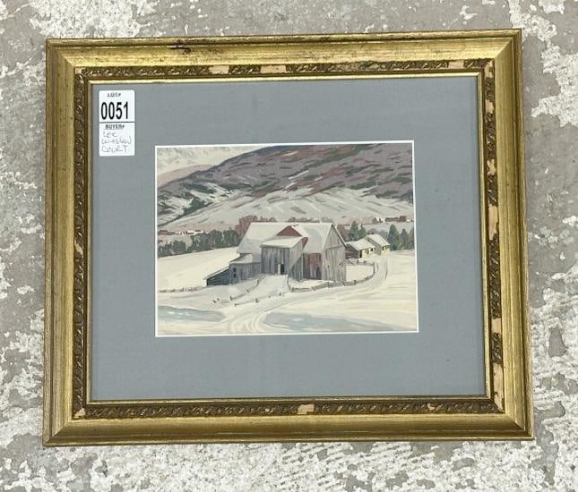 Lee Winslow Court (1903 - 1992) w/color-gouache Winter landscape with farmhouse & barns, described &: Lee Winslow Court (1903 - 1992) w/color-gouache Winter landscape with farmhouse & barns, described & dated on back ( 1953 ), in contemporary frame, painting measures 5.25" x 7.5", the frame measures