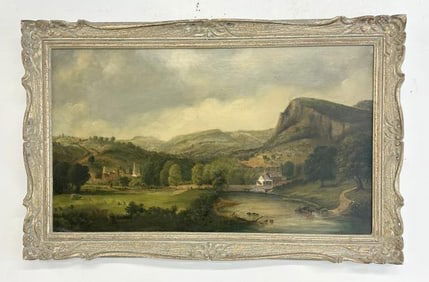 19th c large o/c vast landscape with houses and church steeple in background, with house and wooden