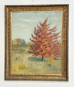 Esther C. Clark (20th century) impressionist o/b landscape with red leaf tree in foreground, in