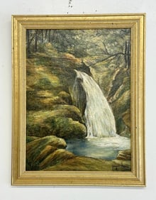 Jacque Lang impressionist o/c landscape with wateralls titled ( SMUGGLERS WATCHMOUNT MANSFIELD