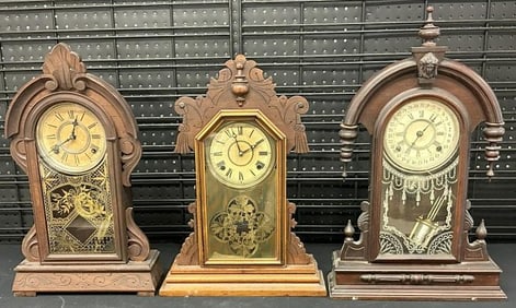 (3) Victorian era mantel clocks in nice as found condition ( the one on far right has cracked glass