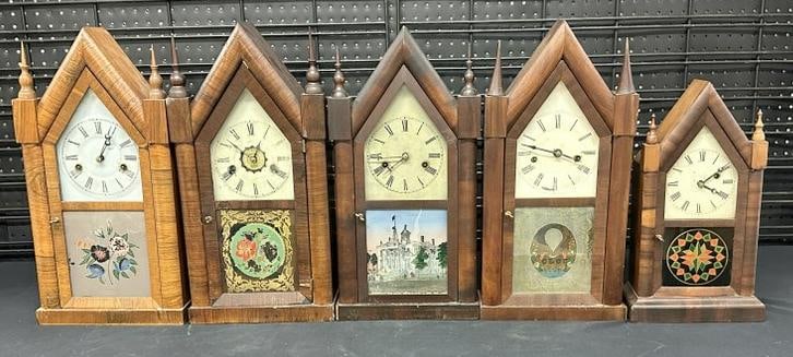 (5) 19th century mahogany steeple clocks, all with reverse painted panels on doors, (1) has the (1 of 4)