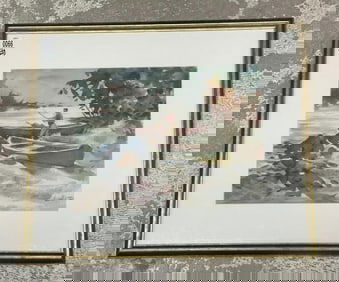 Richard James Lillis (1899 - 1994) w/color man fishing by (2) canoes, signed lower right, nice