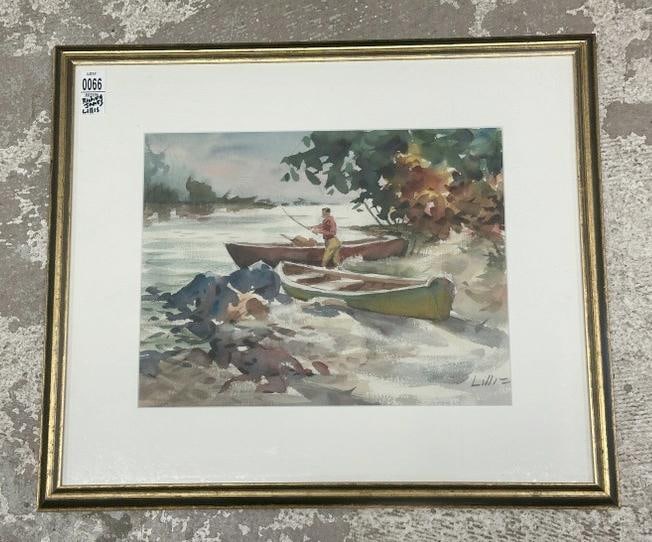 Richard James Lillis (1899 - 1994) w/color man fishing by (2) canoes, signed lower right, nice (1 of 4)
