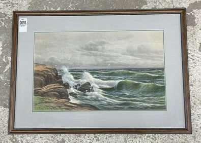 Charles Grant Davidson (1865 - 1945 pastel seascape with waves crashing against the rocks, from