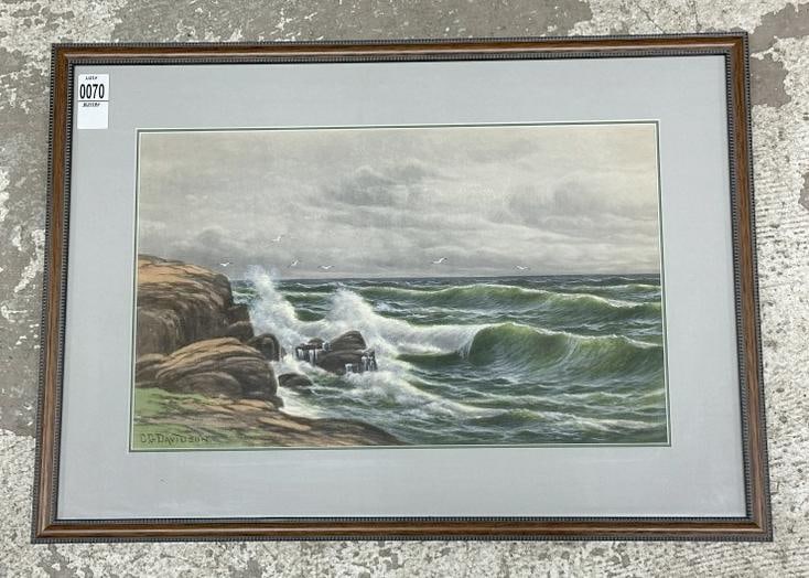 Charles Grant Davidson (1865 - 1945 pastel seascape with waves crashing against the rocks, from (1 of 3)