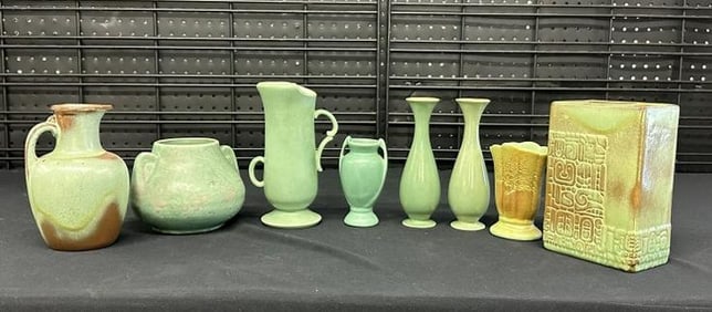 (8) pcs. Green art pottery from Hudson Valley estate, all in nice condition, includes FRANCOMA, RED