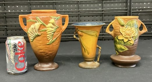 (3) ROSEVILLE art pottery vases from Hudson Valley estate, all in nice found condition with the