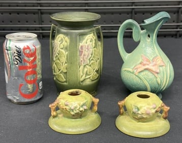 ROSEVILLE (4) pcs. Including pair Apple Blossom pattern candlesticks, a Zephyr Lily ewer vase, & a