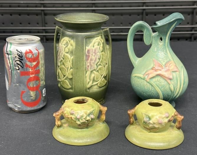 ROSEVILLE (4) pcs. Including pair Apple Blossom pattern candlesticks, a Zephyr Lily ewer vase, & a (1 of 2)