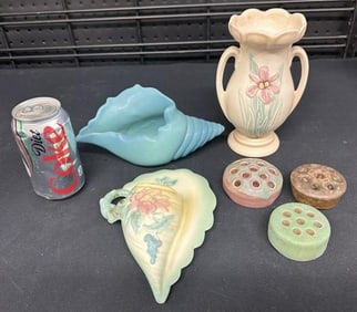 (6) pcs. Estate art pottery to include Van Briggle shell form vase, HULL wall pocket, HULL floral
