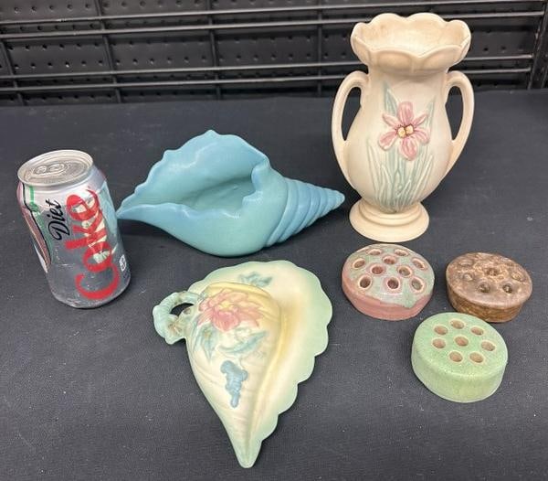 (6) pcs. Estate art pottery to include Van Briggle shell form vase, HULL wall pocket, HULL floral (1 of 6)