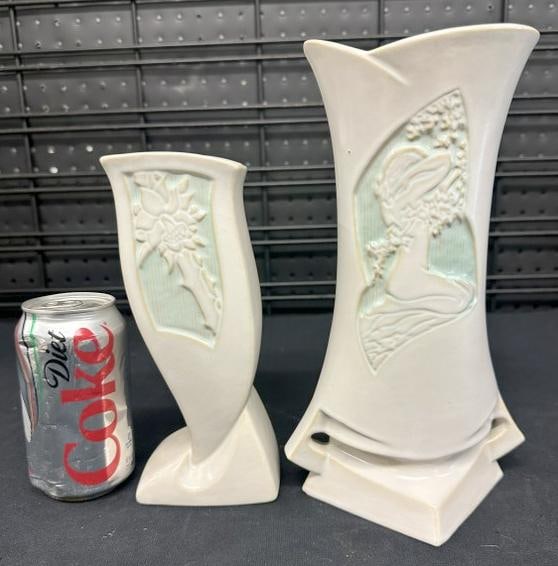 ROSEVILLE (2) pcs. Silhouette vase with nude woman & same pattern with flower…..from Hudson Valley: ROSEVILLE (2) pcs. Silhouette vase with nude woman & same pattern with flower…..from Hudson Valley estate collection, nice as found condition, they measure 8" & 10.5" high.