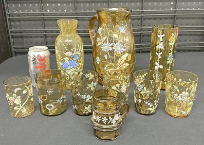 Estate lot of handpainted amber Victorian glassware from Albany, N.Y. estate. Inlcudes a 9.5" high