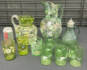 Estate Victorian green glass lot of handpainted pieces including (2) pitchers, (6) matching glasses,