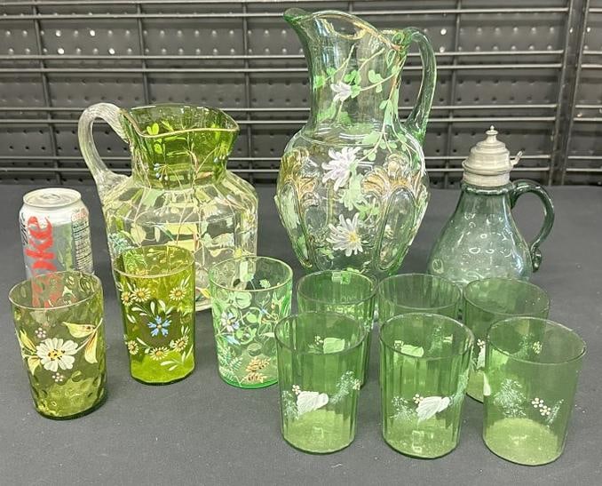 Estate Victorian green glass lot of handpainted pieces including (2) pitchers, (6) matching glasses, (1 of 10)