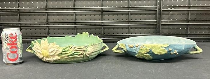 ROSEVILLE (2) large console bowls to include Peony pattern measuring 13" across and Bushberry