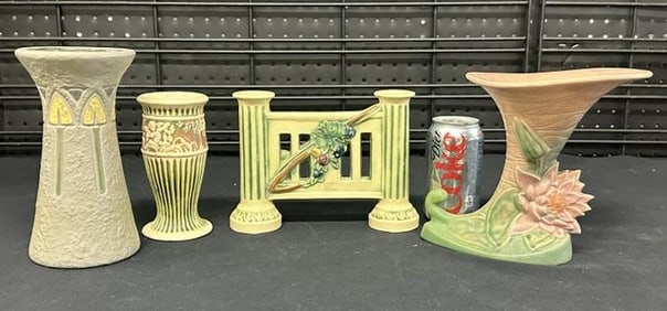(4) pcs. ROSEVILLE from Hudson Valley estate collection- to include Mostique pattern vase, Donatello