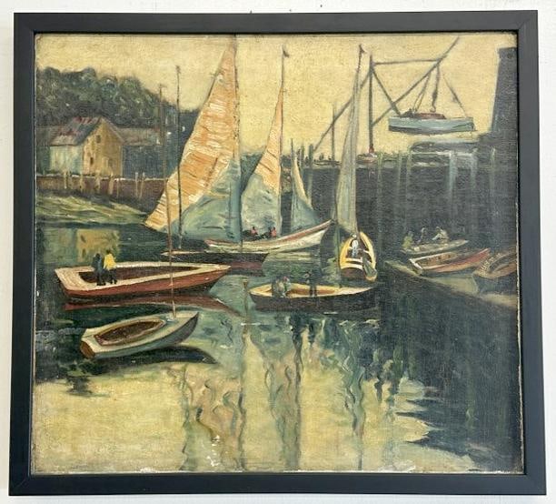 Impressionist o/c seascape with sailboats on water and docked, circa 1930's, unsigned, in (1 of 3)