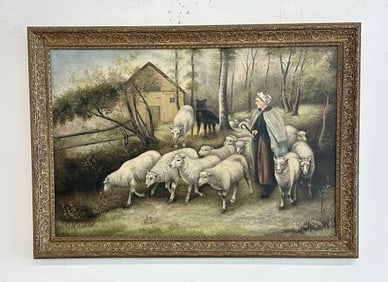 19th c o/c landscape with Woman walking with sheep and her dog, with barn in background, unsigned,