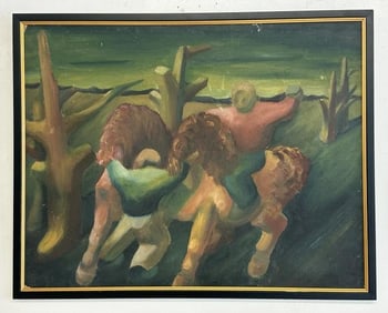 Impressionist o/c circa 1930's or so of figures and horses, with trees and mountains in background.