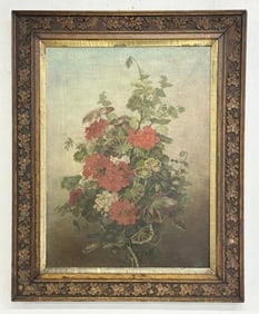 19th c o/c floral still life in frame of the period, unsigned, nice untouched estate condition.