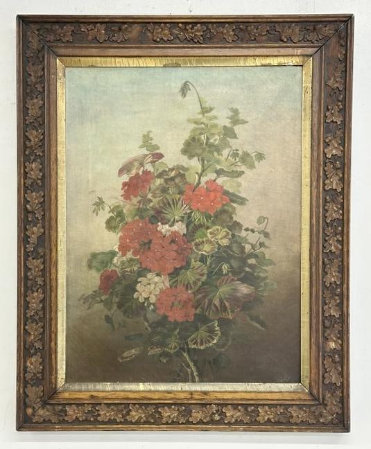 19th c o/c floral still life in frame of the period, unsigned, nice untouched estate condition. (1 of 5)