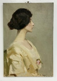 Olga T. Heese (early 20th century)  o/c portrait of Woman holding a flower, in nice estate
