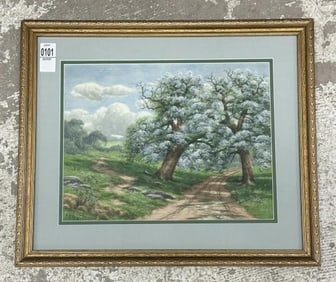 Charles Grant Davidson (1865 - 1945) pastel landscape with trees in bloom, signed lower left, nicely