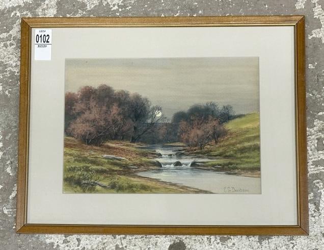 Charles Grant Davidson (1865 - 1945) pastel landscape with stream running through and moon in (1 of 3)