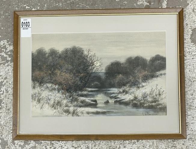 Charles Grant Davidson (1865 - 1945) w/color landscape with stream in foreground, in fine estate: Charles Grant Davidson (1865 - 1945) w/color landscape with stream in foreground, in fine estate condition, watercolor measures 8.5" x 13", the frame measures 13" x 17". From Albany, N.Y. estate paint