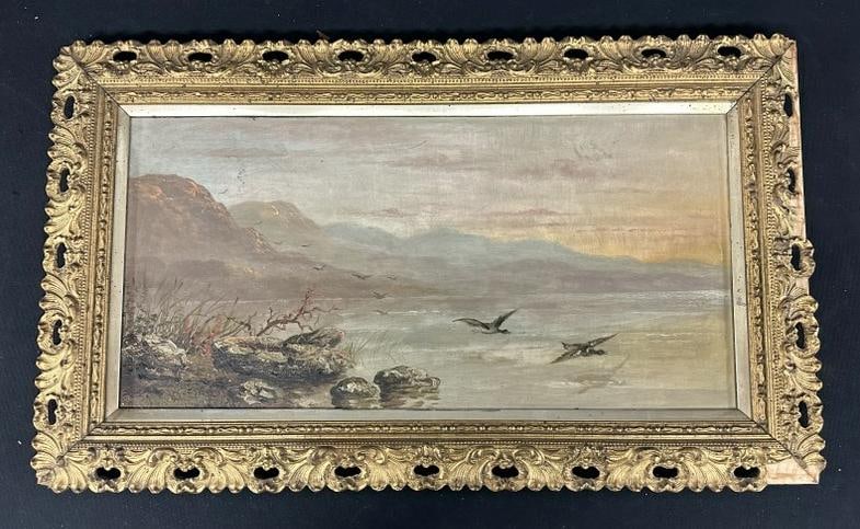 19th c o/b impressionist landscape with geese flying over water and mountains in background,: 19th c o/b impressionist landscape with geese flying over water and mountains in background, unsigned, in frame of the period. Nice estate condition. From Albany, N.Y. painting collection we are selli