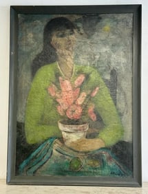 Sigmund Joseph Menkes (1896 - 1986) (?) impressionist o/c Woman holding a flower pot with flowers,