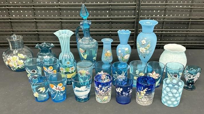 Estate lot of Victorian era decorative blue glasswares, many handpainted, sets of glasses, pitchersm (1 of 5)