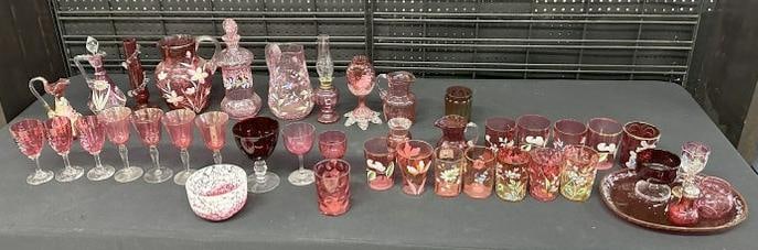 Estate lot Victorian pink and related colors glassware, many handpainted pieces, and unusual (1 of 9)