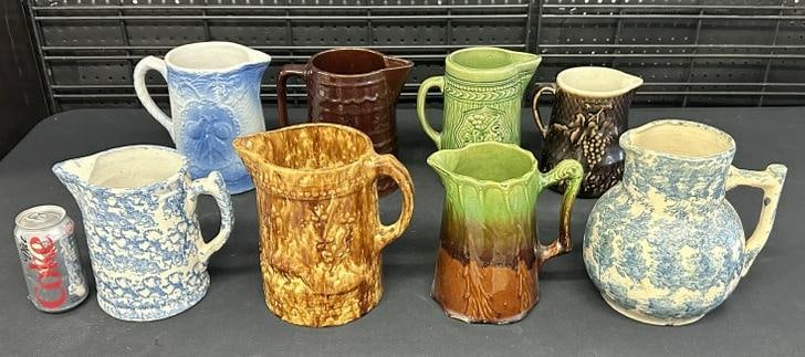 (8) country ceramic & pottery pitchers, from estate in Hudson Valley, overall good condition, just (1 of 7)