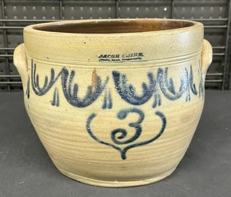 JACOB CAIRE Poughkeepsie, N.Y. unusual decorated (3) gallon stoneware crock with hairline, found in