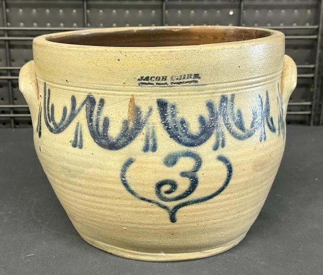JACOB CAIRE Poughkeepsie, N.Y. unusual decorated (3) gallon stoneware crock with hairline, found in: JACOB CAIRE Poughkeepsie, N.Y. unusual decorated (3) gallon stoneware crock with hairline, found in an estate in Hudson Valley…...
