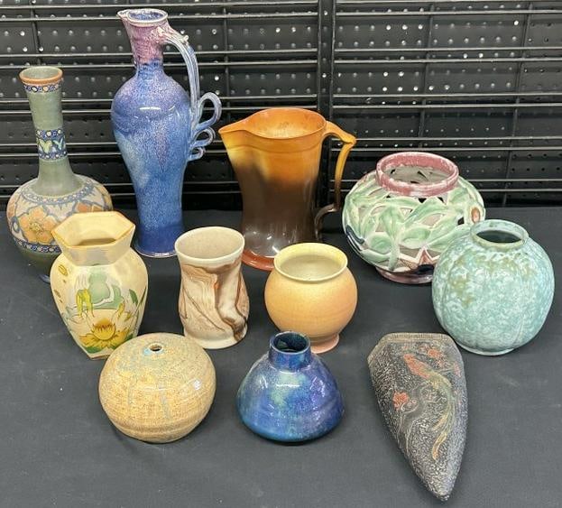 (11) misc. POTTERY pcs. From Hudson Valley estate, including GOUDA 12.5" high vase, FULPER vase, (1 of 6)