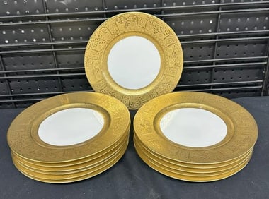 (12) ROYAL BAVARIAN decorative gold & white dinner plates, from estate in Kingston, N.Y. In fine