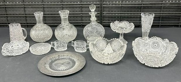 Estate lot early cut glass and some pressed glass, also a sterling silver trim serving plate,