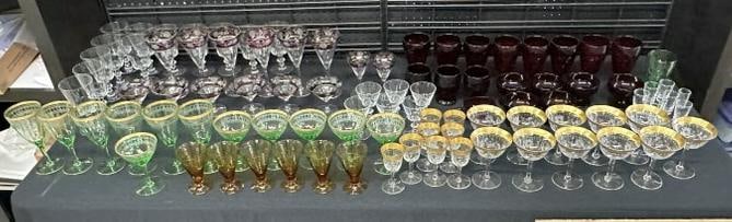 Large estate lot of colored stemware, including clear to red etched, gold rim etched, ruby red (1 of 8)